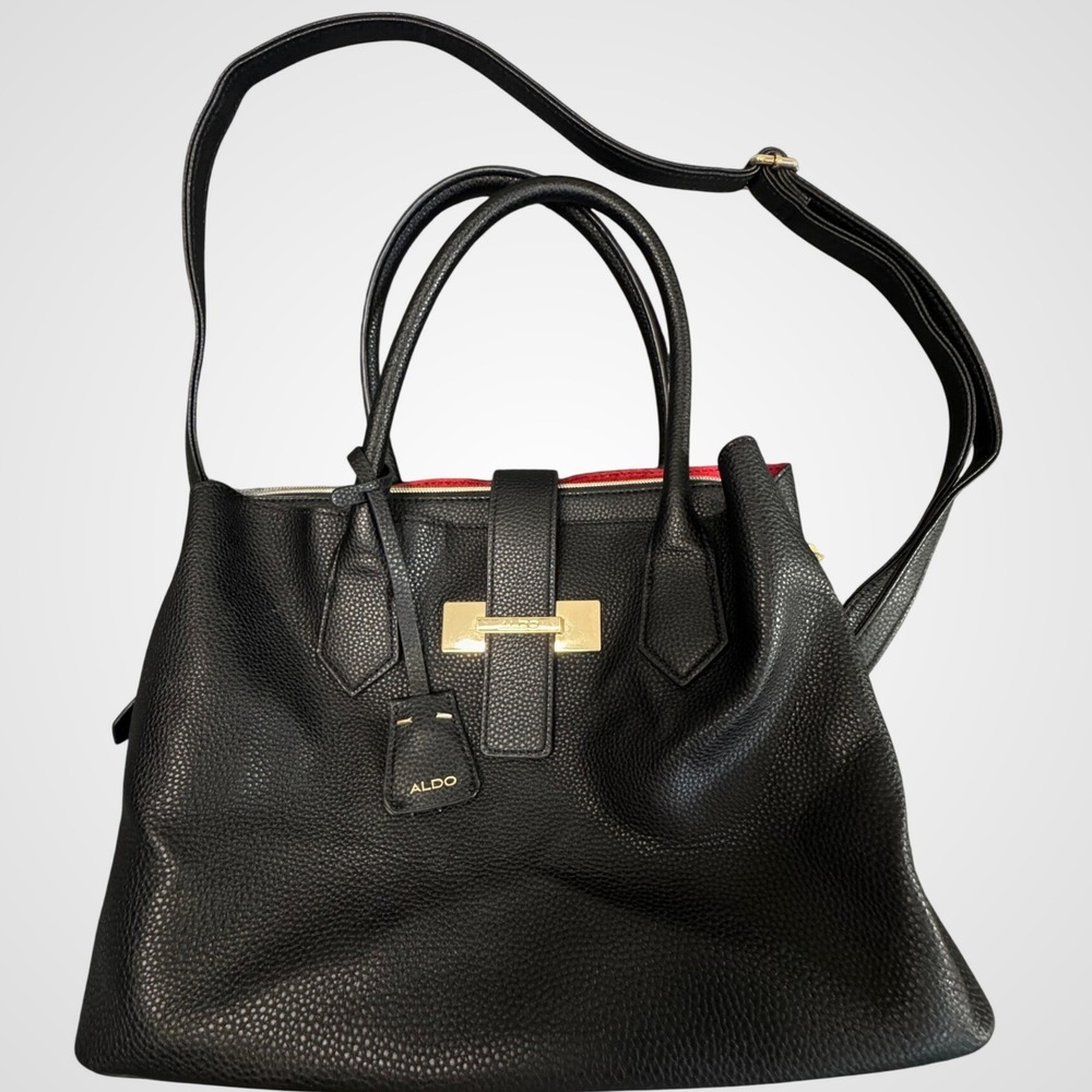 Aldo Black Pebbled Satchel Handbag Gold Hardware Crossbody Strap Women Bag